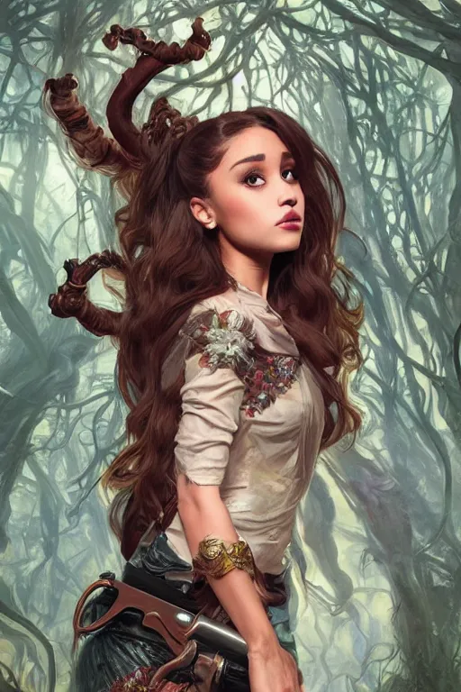 Prompt: demonic cottagecore Ariana Grande holding a shotgun, demonic Hair, magical forest, intricate, elegant, highly detailed, digital painting, artstation, concept art, smooth, sharp, focus, illustration, art by artgerm and greg rutkowski and alphonse mucha