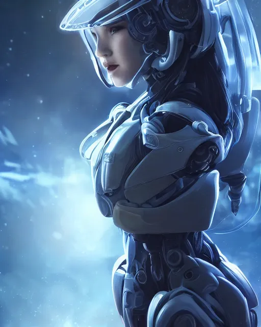 Image similar to perfect android girl on a mothership, warframe armor, beautiful face, scifi, futuristic, galaxy, nebula, bae suzy, dreamy, long white hair, blue cyborg eyes, sharp focus, cinematic lighting, highly detailed, artstation, divine, by gauthier leblanc, kazuya takahashi, huifeng huang