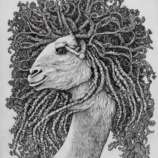 Image similar to llama with dreadlocks, by otomo katsuhiro, ernst haeckel, james jean