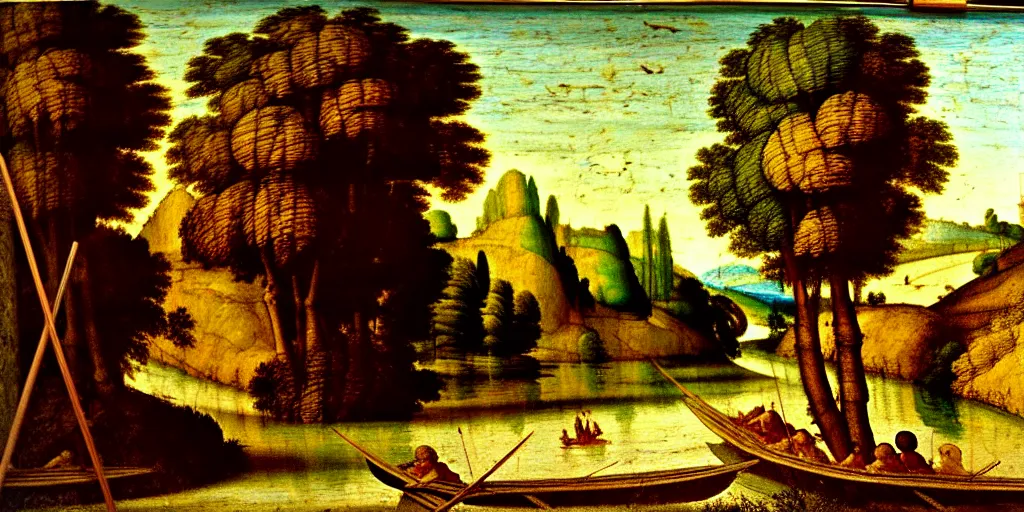 Prompt: A very detailed painting in the style of Leonardo Da Vinci featuring a river in Europe surrounded by trees and fields. A rubber dinghy is slowly moving through the water. Sun is shining