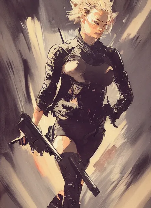 Image similar to Margot Robbie wearing metal gear armor holding gun dramatic lighting art by Richard Schmid by Hokusai by Yoji Shinkawa by greg rutkowski by Sandra Chevrier by Jeremy Lipking cinematic dramatic