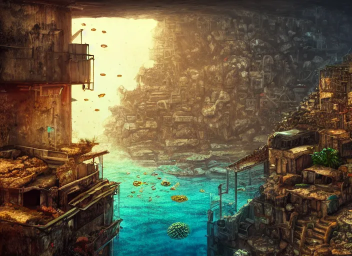 Image similar to ancient ruins favela, underwater environment, scenery, professional, award - winning, trending on artstation, hyper detailed, realistic, beautiful, emotional, shiny, golden, picture