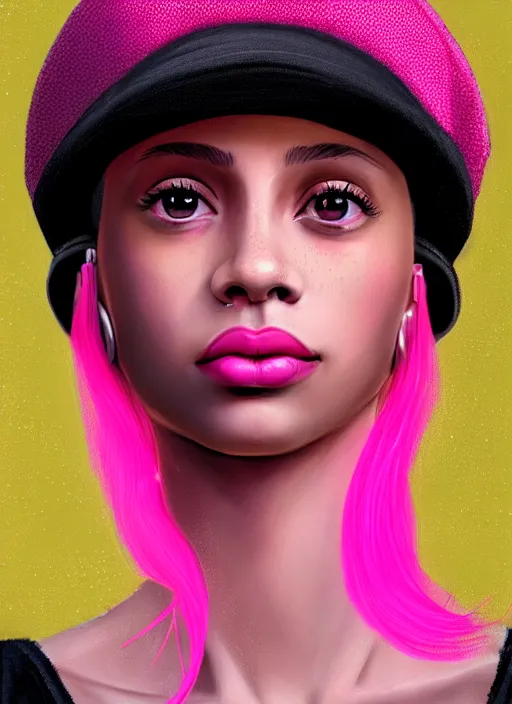 Image similar to portrait of teenage vanessa morgan with bright pink hair, black girl, vanessa morgan, curly pixie cut hair, wearing newsboy cap, pink pixie haircut, newsboy cap, hoop earrings, intricate, elegant, glowing lights, highly detailed, digital painting, artstation, concept art, smooth, sharp focus, illustration, art by wlop, mars ravelo and greg rutkowski