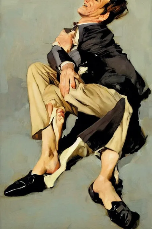 Prompt: tarantino caressing feet,'bare feet '!!!! painting by jc leyendecker!! phil hale!, angular, brush strokes, painterly, vintage, crisp