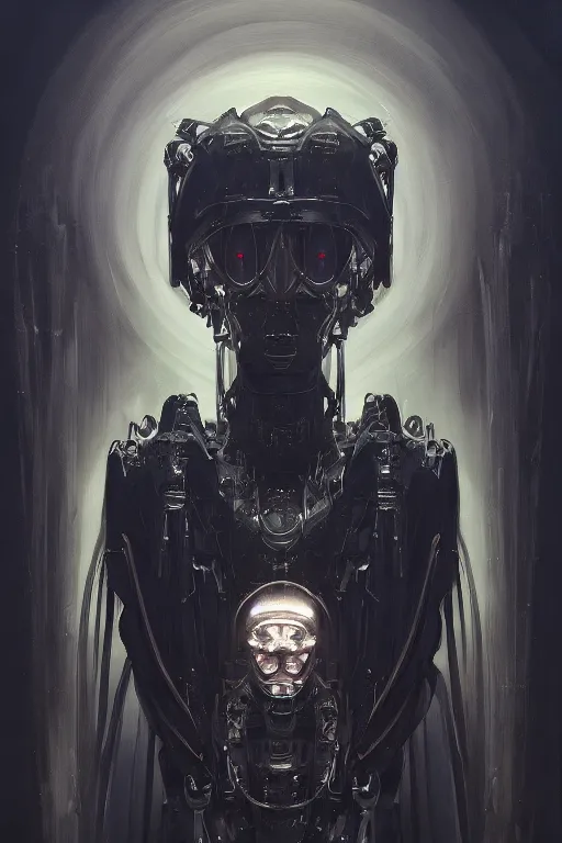 Prompt: portrait of an ominous mysterious bright futuristic robotic religious figure addressing its followers, oil on canvas, gothic style, ornate, elegant, highly detailed, concept art, trending on artstation