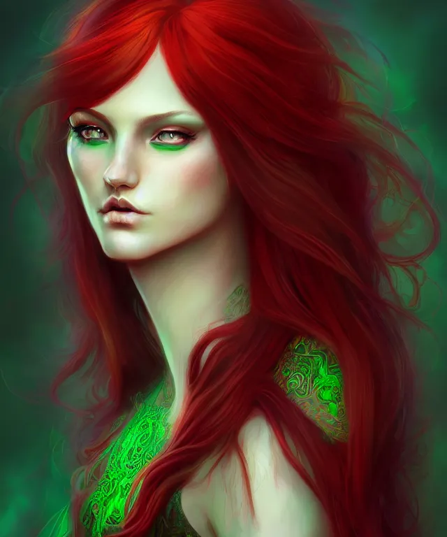 Prompt: Fae teenage girl, portrait, face, long red hair, green highlights, fantasy, intricate, elegant, highly detailed, digital painting, concept art, smooth, sharp focus