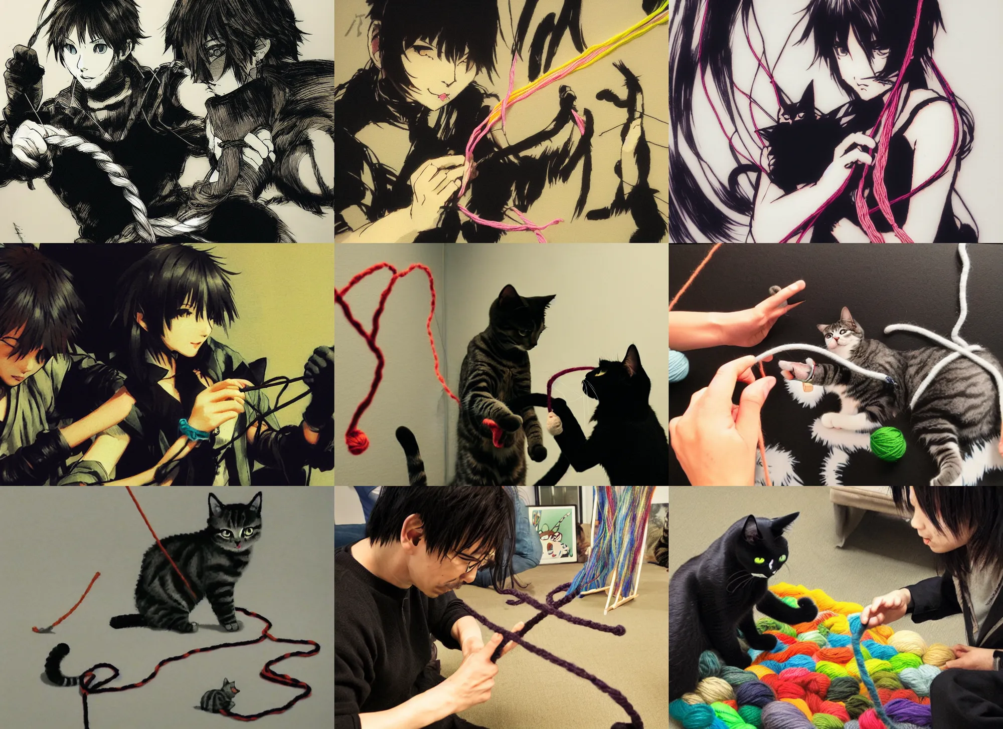 Prompt: cat playing with yarn yoji shinkawa