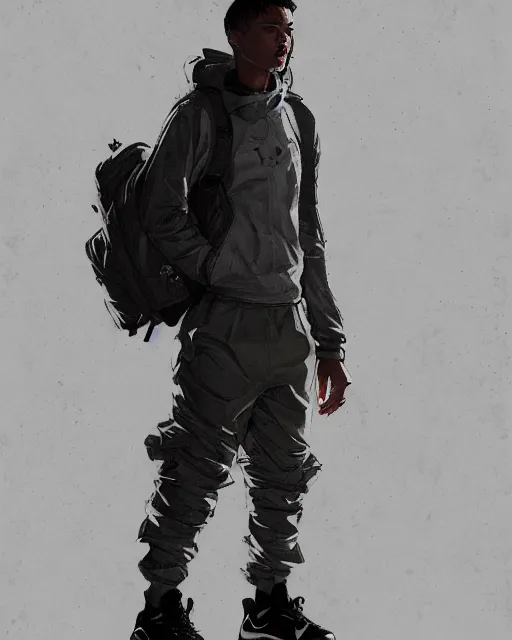 Image similar to Medium shot of a character wearing Nike ACG+Acronym P31-DS Pants in the style of greg rutkowski