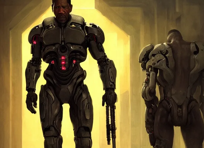 Image similar to denzel washington as victor stone, full body concept, cyborg, borg, strogg, face of a man, terminator, flesh, quake strogg, doom demon, wolfenstein, monstrous, powerful, symmetry, symmetrical, concept art by ruan jia and greg rutkowski