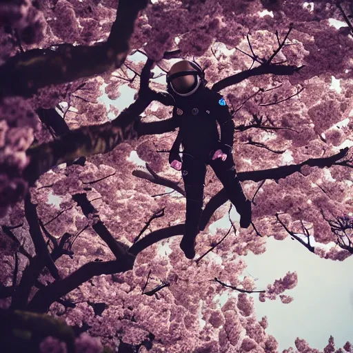 Prompt: photograph of an astronaut wearing a black spacesuit in the middle of a cherry blossom eden, foggy, atmospheric