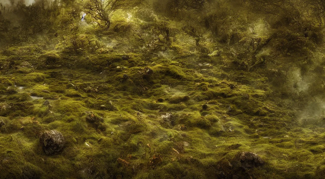 Prompt: Scene of a giant 65 year-old Gaia covered in moss, crying softly and humbly while crossing a dried up river in a panorama of a desolate land, highly-detailed, elegant, dramatic lighting, artstation, 4k, cinematic landscape