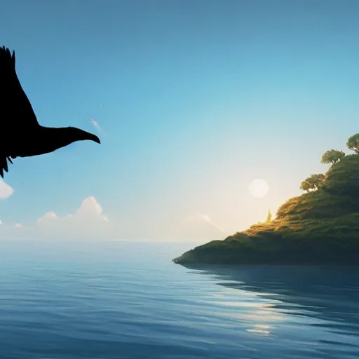 Prompt: a wholesome animation key shot of a crow flying towards an island in the night, medium shot, studio ghibli, pixar and disney animation, sharp, rendered in unreal engine 5, anime key art by greg rutkowski, bloom, dramatic lighting