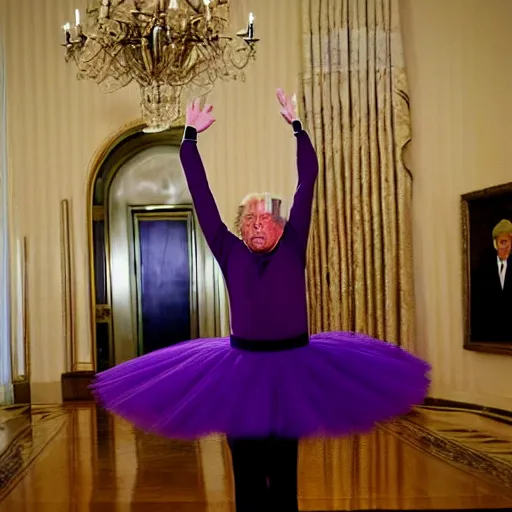 Prompt: Donald Trump wearing a purple ballet dress dancing