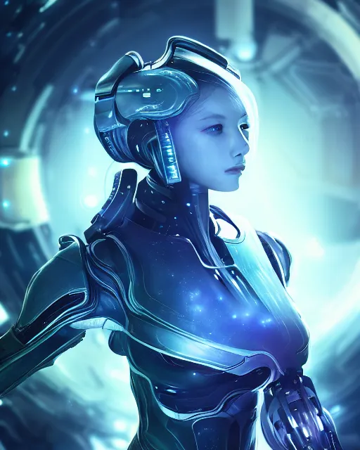 Image similar to photo of a android girl on a mothership, warframe armor, beautiful face, scifi, nebula, futuristic background, galaxy raytracing, dreamy, focused, sparks of light, pure, long white hair, blue cyborg eyes, glowing, 8 k high definition, insanely detailed, intricate, innocent, art by akihiko yoshida, antilous chao, woo kim