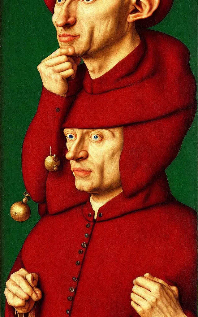 Prompt: 3/4 bust portrait of a high fantasy elf mall cop by Jan van Eyck