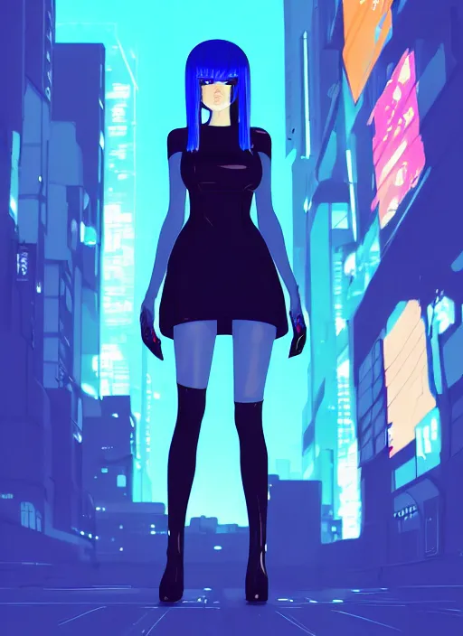 Image similar to digital illustration of cyberpunk pretty girl with blue hair, wearing a tight black dress, in city street at night, by makoto shinkai, ilya kuvshinov, lois van baarle, rossdraws, basquiat