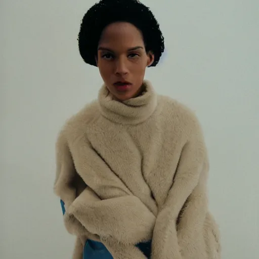 Image similar to realistic photoshooting for a new acne studios lookbook, color film photography, portrait of a beautiful woman, photo in style of Tyler Mitchell, wes anderson, Julia Hetta, Tim Walker, Petra Collins, 35mm,