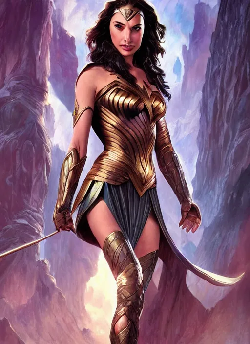 Image similar to Gal Gadot as Hell Lord, full body shot, epic, fantasy, intricate, elegant, volumetric lighting, highly detailed, digital painting, 4k, HDR, concept art, smooth, sharp focus, illustration, art by artgerm and alex ross and alphonse mucha and Adam Hughes