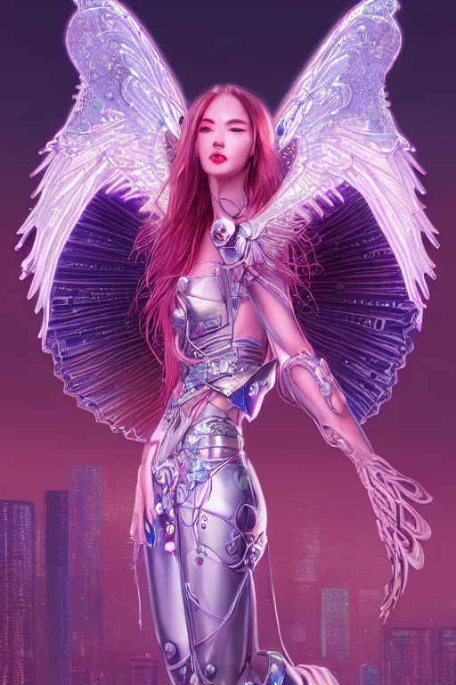 Prompt: portrait futuristic goddess angel Girl with wings and sword, in future cyberpunk tokyo rooftop , ssci-fi, fantasy, intricate, very very beautiful, elegant, human anatomy, human structure, neon light, highly detailed, digital painting, artstation, concept art, smooth, sharp focus, illustration, art by tian zi and WLOP and alphonse mucha