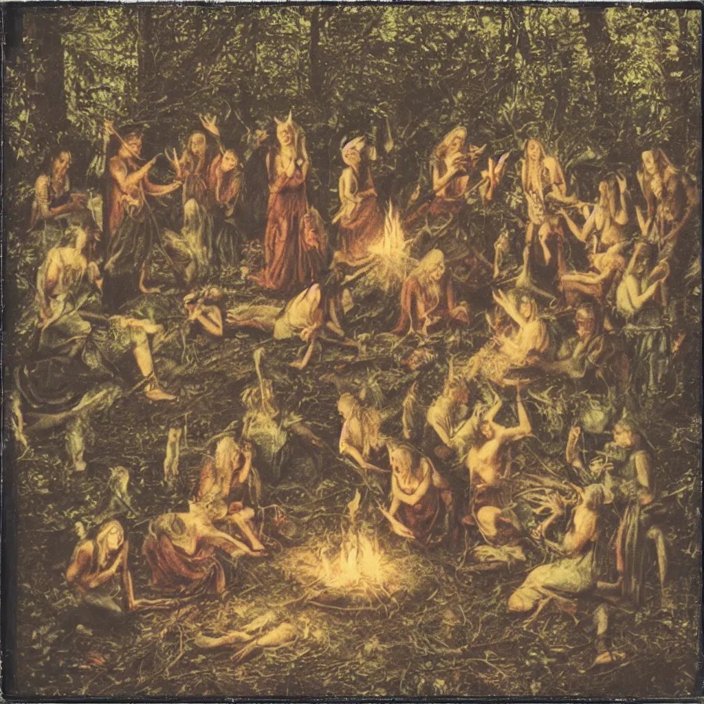 Image similar to polaroid of witches making a ritual in the woods, photorealistic