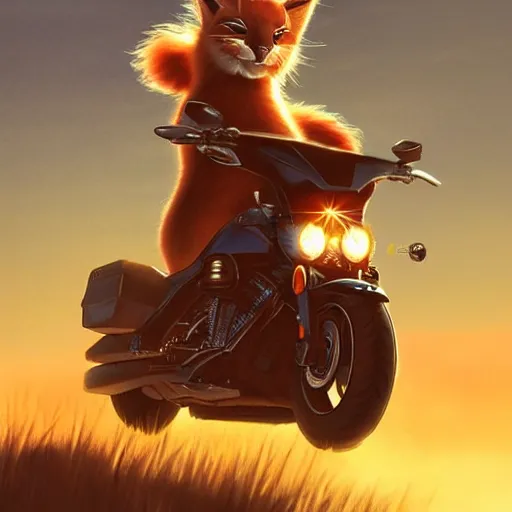 Image similar to cute fluffy caracal riding a harley motorcycle, road, sunset. adventurous, atmospheric lighting, stunning. by ted nasmith, makoto shinkai, rossdraws, james jean, andrei riabovitchev, marc simonetti, krenz cushart, trendig on artstation, digital art