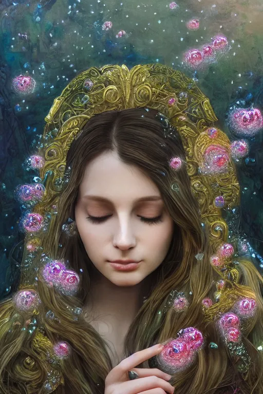 Prompt: elaborately detailed close up realistic portrait of an extremely beautiful girl with long dark hair surrounded by flowers, an eerie mist and ethereal rainbow bubbles, Aetherpunk, iridiscent geometry, high fantasy professionally painted digital art painting, fantasy matte painting movie poster, Art Nouveau, smooth, sharp focus, atmospheric lighting, highly detailed illustration highlights, backlight, golden ratio, 8K detail post-processing, symmetrical facial features, rich deep moody colors, majestic, dark epic fantasy, award winning picture, sense of awe, featured on DeviantArt, trending on cgsociety