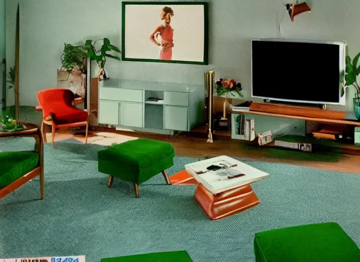 Image similar to 1 9 8 0 s living room with green carpet and a zenith television with atari 2 6 0 0, movie still, 8 k