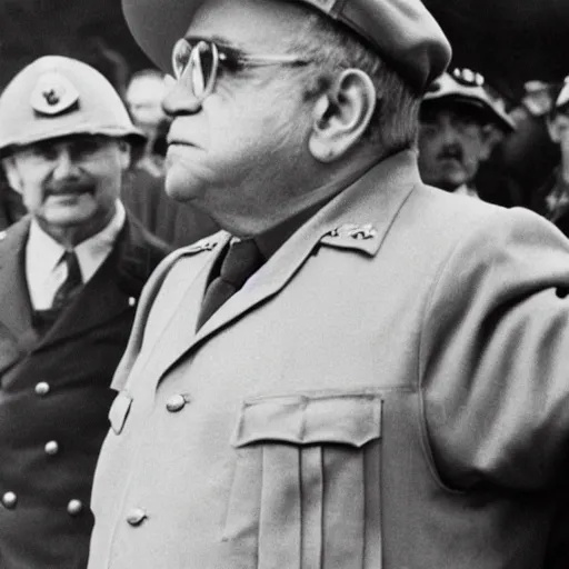 Image similar to Danny DeVito as a WW2 era American general watching a mushroom cloud explode