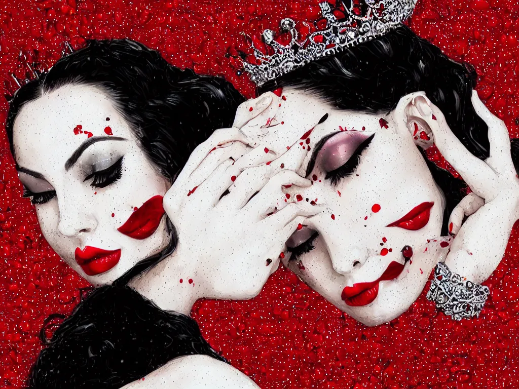 Image similar to a woman with dark eye shadow, white skin, red lips, slick black hair slicked back, an intricate crown of beads hanging over her eyes in the style of the Cell, artstation trending, painterly, Alexander mcqueen, red dress with high collar, flat illustration