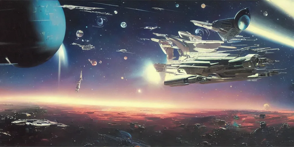 Image similar to a beautiful space scene with a spaceship, ralph mcquarrie, syd mead, john berkey, art bean trending on artstation, highly detailed oil painting, hyperrealistic, cinematic, dramatic lighting