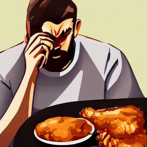 Prompt: sad man with crying eyes eating fried chicken, digital painting, artstation, rule of thirds