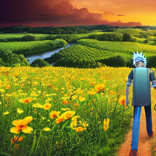 Prompt: portrait of rick sanchez, rick and morty, walking in a field. france, dordogne, hills, ultra high detail, 8 k, sunset, flowers, trees, river, octane render.