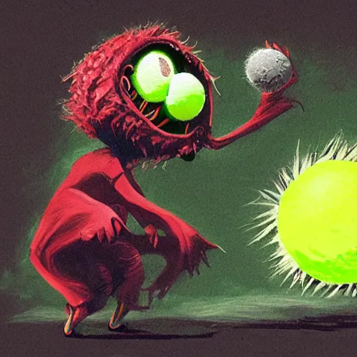 Prompt: a tennis ball monster, tennis ball, dark, chalky, flying bat tennis balls, dracula, digital art, fantasy, magic, trending on artstation, ultra detailed, professional illustration by Basil Gogos