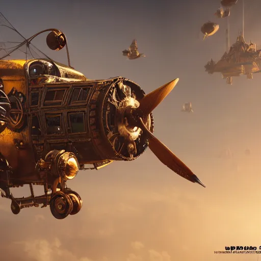 Image similar to flying steampunk fortress, extremely detailed, behrens style, unreal 5 render, fantasy digital art, octane render, beautiful composition, trending on artstation, award - winning photograph