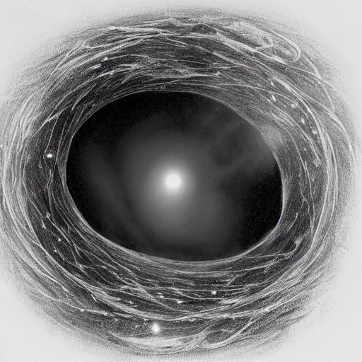 Image similar to a beautiful illustration of a black hole. this hole appears to be a portal to another dimension or reality, and it is emitting a bright, white light. there are also stars and other celestial objects around it. charcoal, botanical illustration by daniel jaems weary