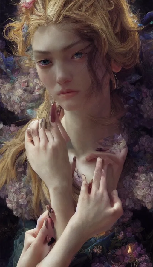 Image similar to epic masterpiece gossip girl on the market, sweaty skin, hyperrealistic, octane render, cinematic, beautiful face and flawless skin, perfect hands, 5 fingers, by Edgar Maxence and Ross Tran and Michael Whelan, Legends of Runeterra