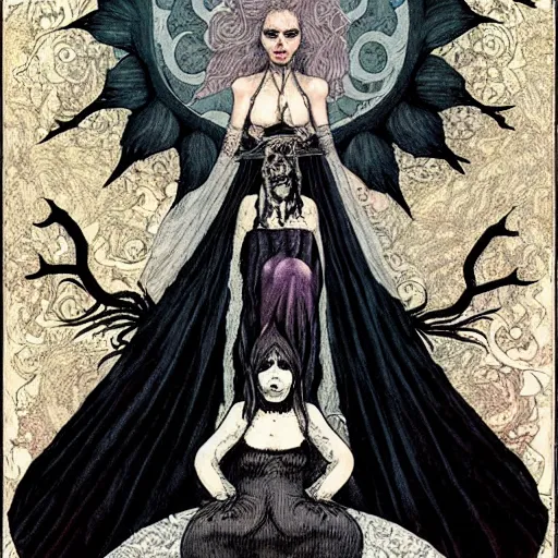 Image similar to the gothic wiccan beautiful queen witch occult woman sitting atop her throne made of skulls by gerald brom by anna steinbauer by kelly mckernan by edward gorey, trending on artstation