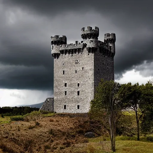 Image similar to try looming castle under a cloudy sky where nary a ray escapes the god's frown