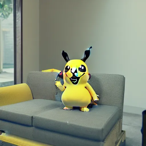 Image similar to Pikachu taking a bong rip on the couch, unreal engine 5, octane render, cgsociety, living room interior, soft lighting, ray tracing,