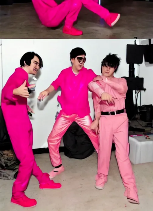 Image similar to joji singing in an scenario while filthy frank dances next to him in a pink outfit