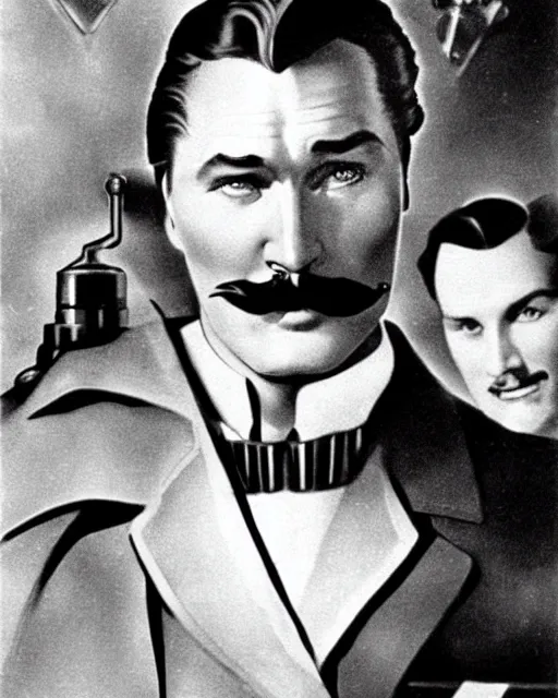 Image similar to Errol Flynn as a scientist. 1980s dystopian Soviet Russia, propaganda screens. Unreal engine, fantasy art by Adolph von Menzel. Faithfully depicted facial expression, perfect anatomy global illumination, radiant light, detailed and intricate environment