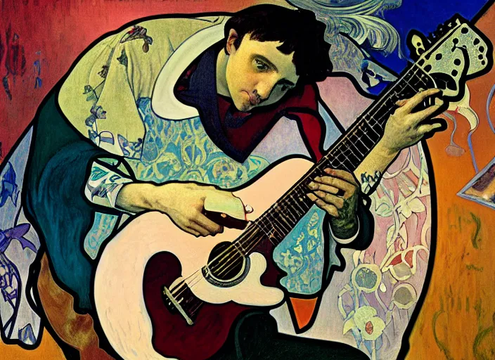 Prompt: acoustic guitar boy, vincent lefevre and hernan bas and pat steir and alphonse mucha and hilma af klint, psychological, photorealistic, dripping paint, washy brush, rendered in octane, altermodern, masterpiece