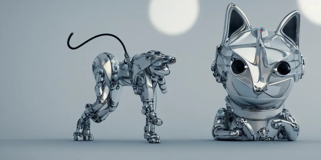 Image similar to a modern cybernetic cat made from porcelain and steel, insane reflexions, pastel colored, daylight, peaceful, 8 k, ambient occlusion, octane render