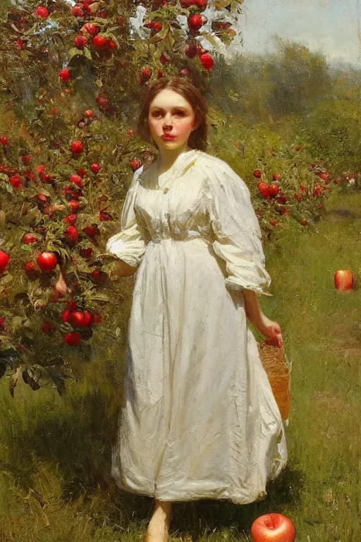Image similar to Solomon Joseph Solomon and Richard Schmid and Jeremy Lipking victorian genre painting full length portrait painting of a young cottagecore walking in an apple orchard, red background