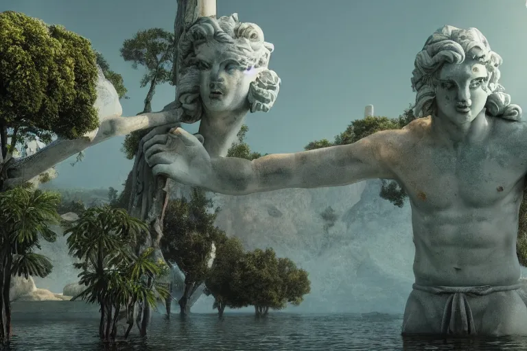 Prompt: greek god marble statue at the civilization gate,, floating islands connected with roots, avatar like landscape, high - tech space cult with trees and plants and alien flowers, dramatic lighting, epic, octane render, volumetric light, unreal engine, artbreeder, 8 k, background, scene, digital, artwork, high quality, 8 k