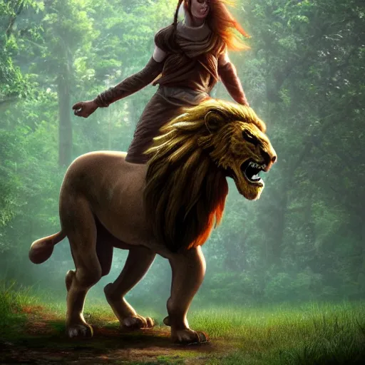 Image similar to girl riding a giant lion in the forest, trending on artstation