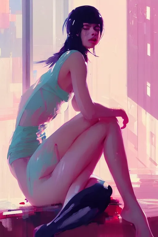 Image similar to a ultradetailed beautiful panting of a stylish woman sitting in a messy apartment, by greg rutkowski, conrad roset and makoto shinkai, trending on artstation