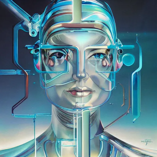 Image similar to scifi futurism automaton minimalism chrome by peter mohrbacher art Hajime Sorayama airbrush hyperrealism model abstract shatter fragments cubism futurism pastel blue soft flat minimal minimalism portrait face jackson pollock ukiyo-e lithograph mark ruthko swirl escape noise shimmer glow paint