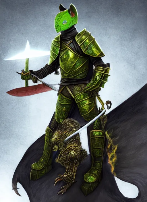 Image similar to full body portrait of half rat knight holding a great sword made of fire, anthropomorphic, hyper realistic, high detail, photo realistic, cinematic lighting, rendering by octane, spot lighting, in a open field, high quality, coherent. green hue armor