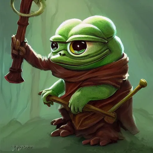 Image similar to cute little anthropomorphic pepe frog, wielding a magic staff, tiny, small, short, wizard robe, cute and adorable, pretty, beautiful, dnd character art portrait, matte fantasy painting, deviantart artstation, by jason felix by steve argyle by tyler jacobson by peter mohrbacher, cinema